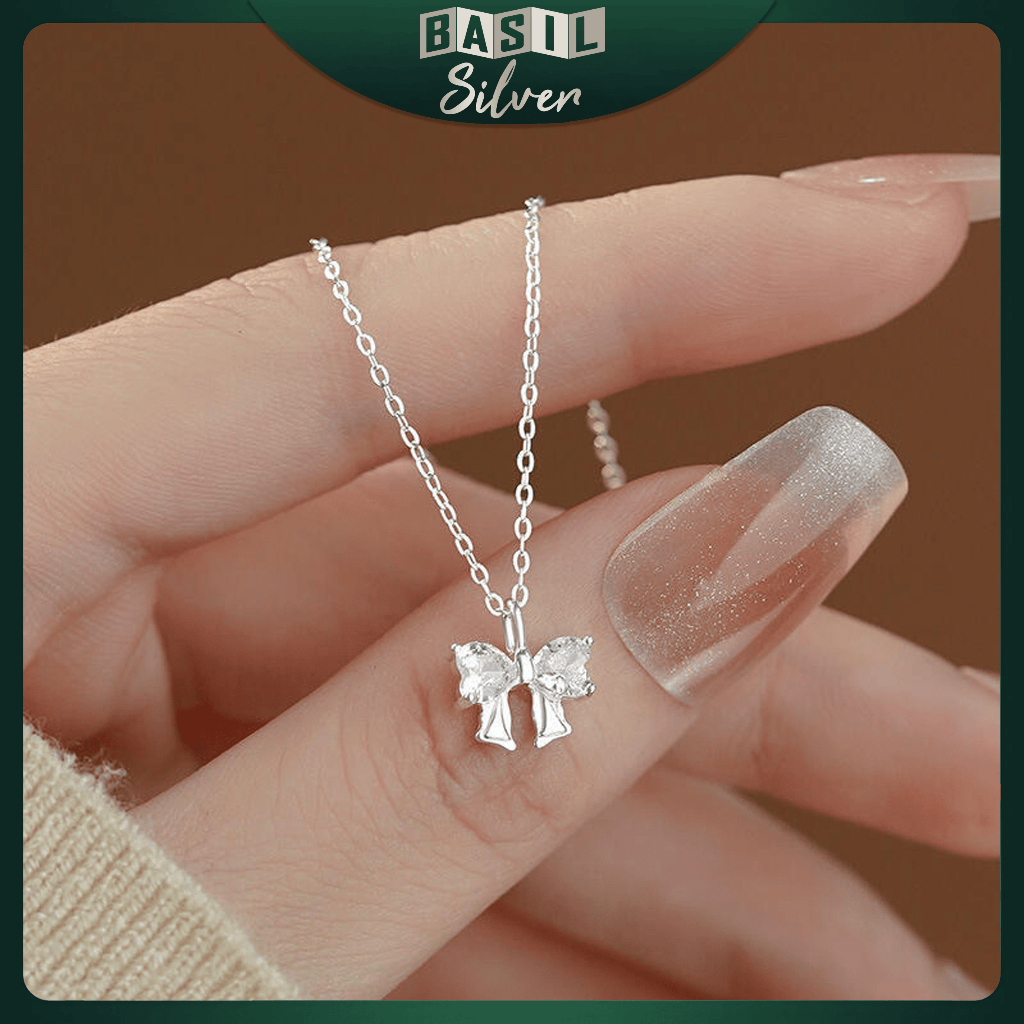 Pure S999 เงินสเตอร์ลิงสร้อยคอผู้หญิงโบว์ผสมหินเพทายสีดําสแตนเลส - BASIL SILVER BS17