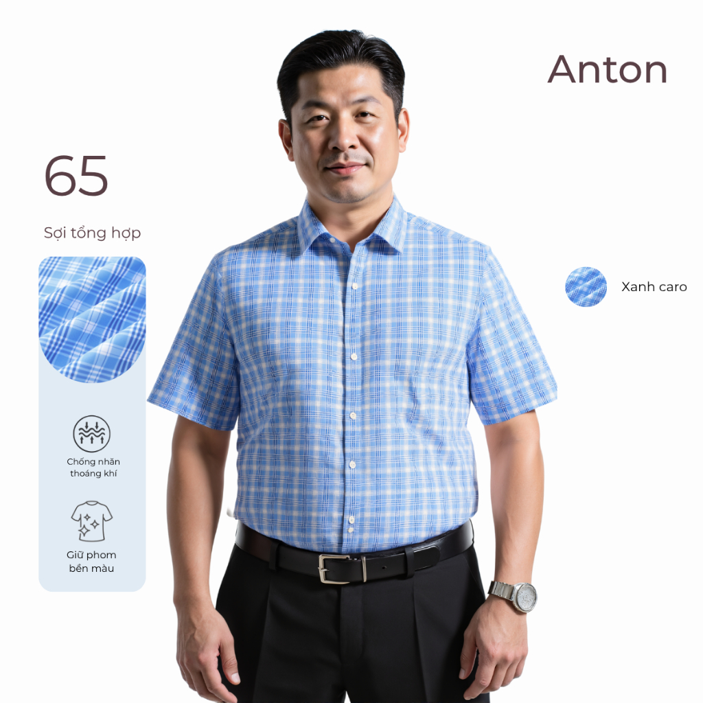 Anton Somianton Brand Middle-Aged Mens Office Shirt Blue Small Striped Checkered Pattern Short Sleev