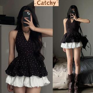 Set áo yếm chấm bi peplum có mút hở lưng bo chun phối chân váy bí phồng dáng ngắn xinh xắn