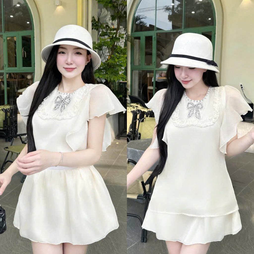 เทราเฮาส์ ชุดเสื้อไหมพรมคอปกระบายผสมกระโปรงขาวครีม HTK