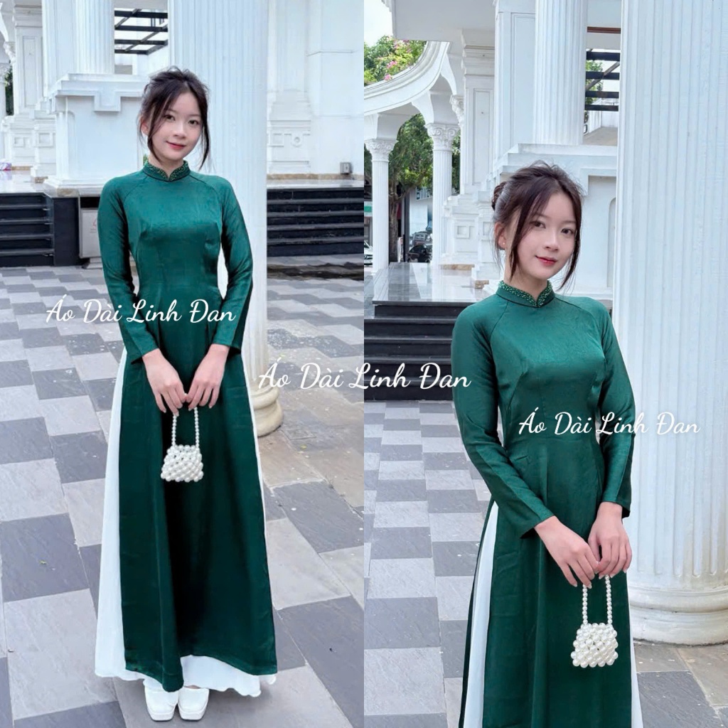 ผ้าไหมเขียวมอสคุณภาพสูง ao dai พร้อมคอปกสูง 3 นิ้ว และหินสีเดียวกัน อ่อนเยาว์ หรูหรา - Linh Dan Ao D