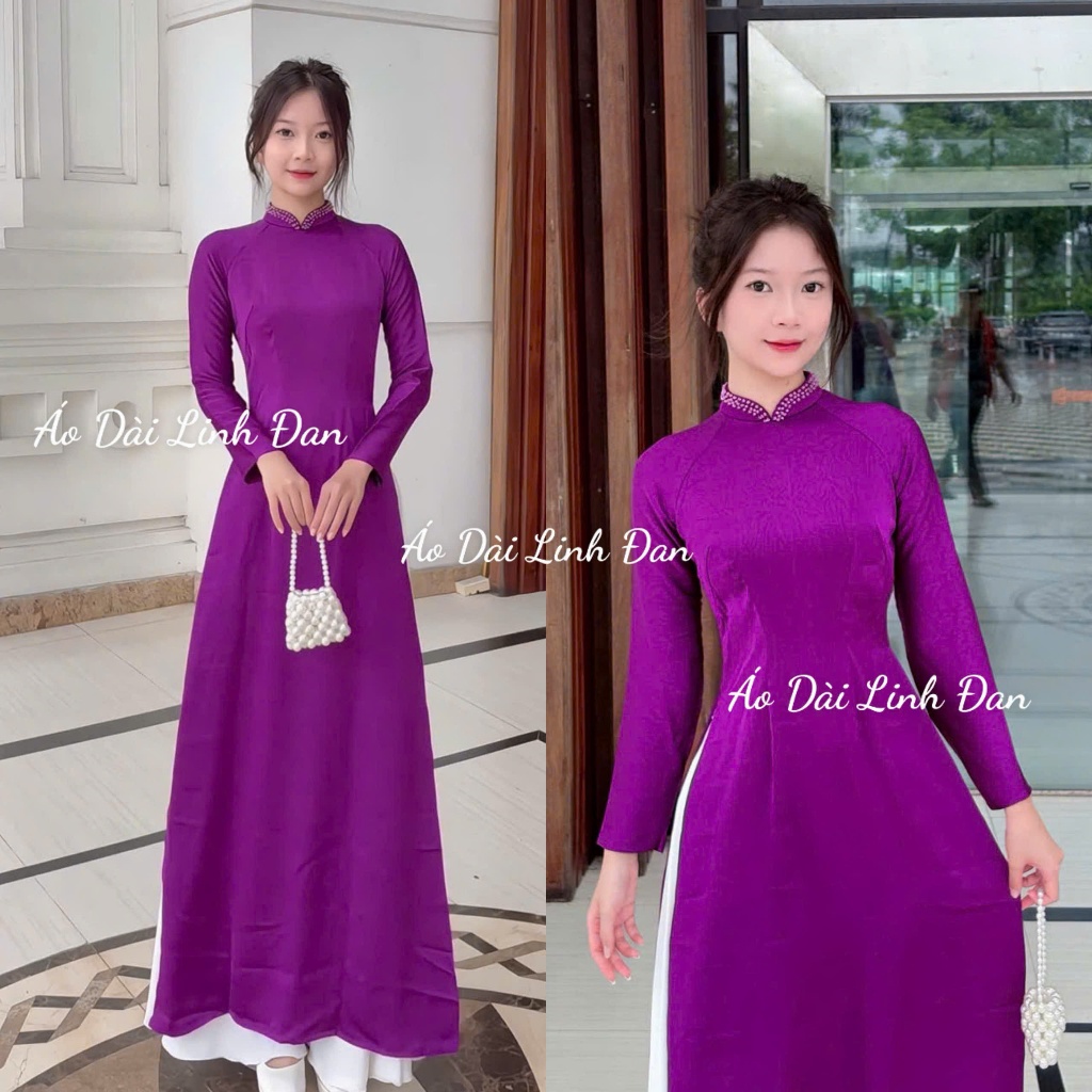 ผ้าไหมสีม่วงคุณภาพสูง ao dai พร้อมคอปกสูง 3 นิ้ว และหินสีเดียวกัน อ่อนเยาว์ หรูหรา - Linh Dan Ao Dai