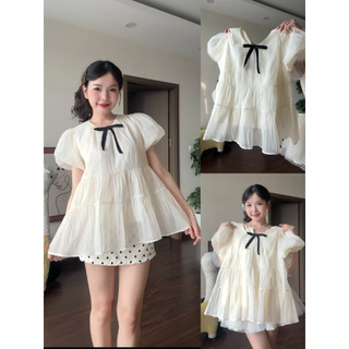 (ÁO KÈM NƠ) Áo nữ kiểu babydoll xoè tay bồng tiểu thư công chúa Dilyshop chất tơ xốp mềm mịn không nhăn - A125