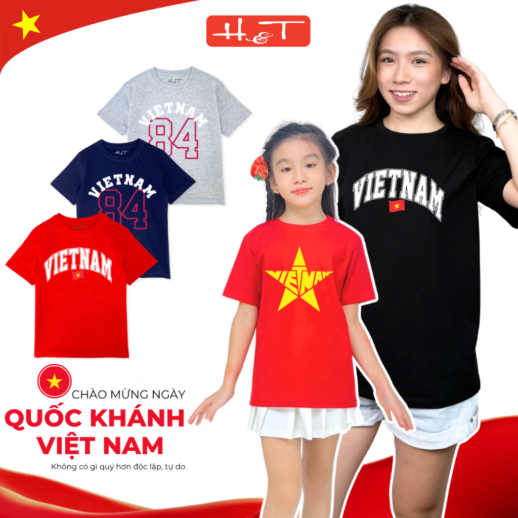 เสื้อยืดสําหรับเด็กชายและเด็กหญิง เสื้อครอบครัว Vietnam Red Flag Yellow Star group H&T วัสดุยางยืดผ้