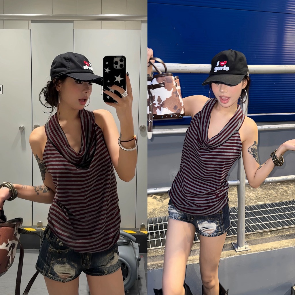 เสื้อกล้ามปาดไหล่ลายขวางและแบบคอปกผ้าฝ้ายเฉพาะ ASN067 - Tiktik