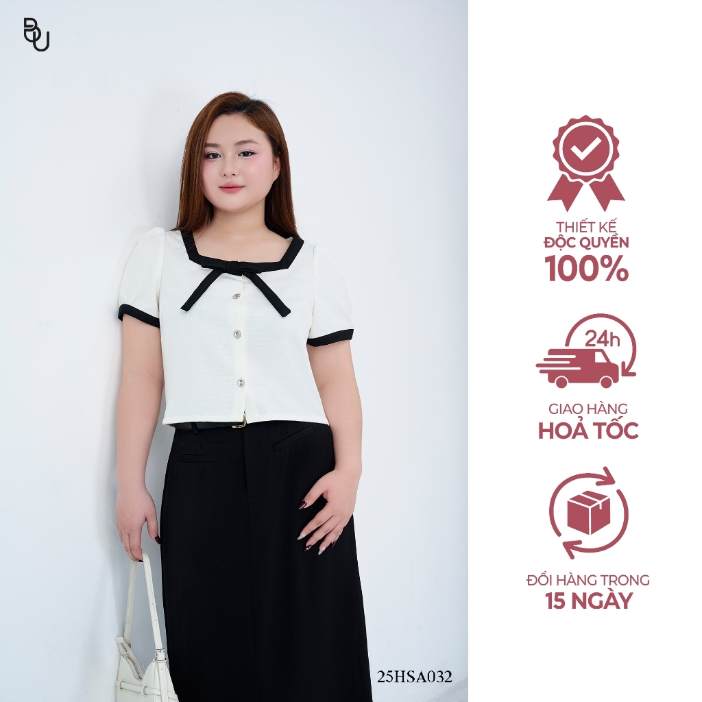 เสื้อคอเหลี่ยมคอปกโบว์สีดํา BIGSIZE – 25HSA032 - [BUstu Bigsize]