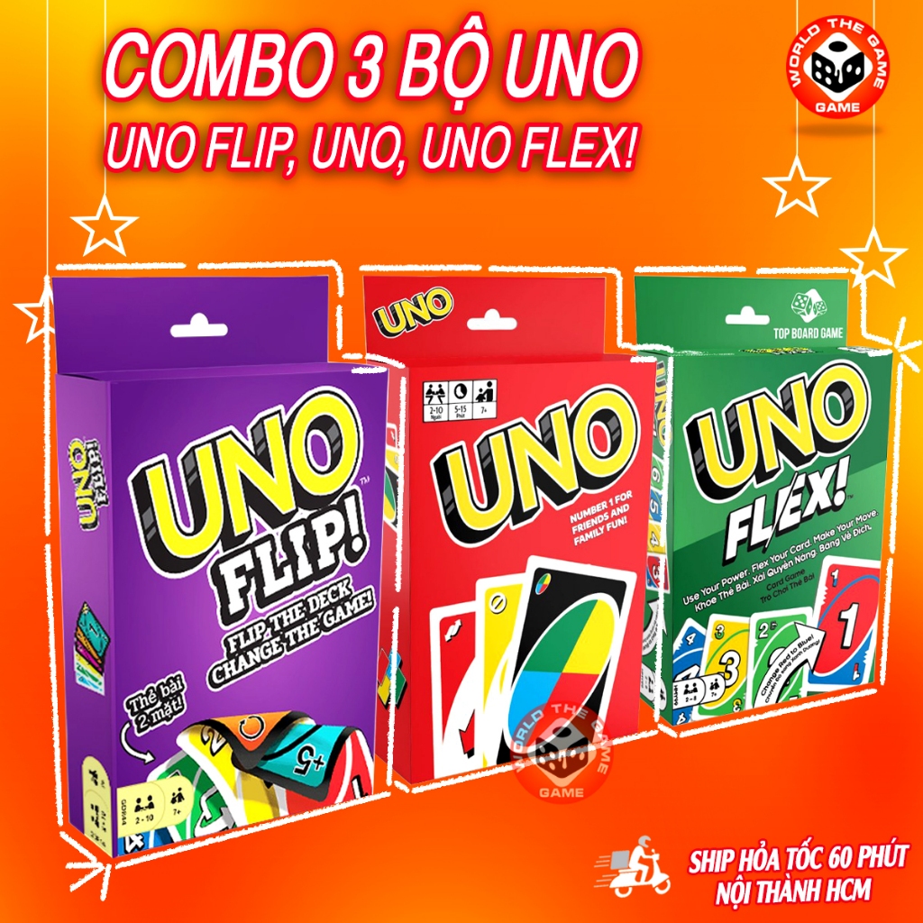 COMBO 3 ชุด UNO FLIP, UNO, UNO Flex 330 fun UNO boardgame การ์ดสําหรับครอบครัวและเพื่อน