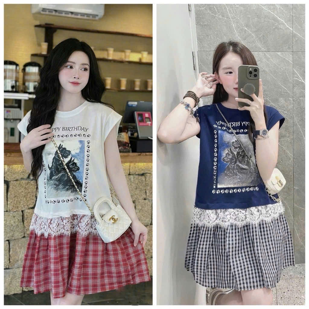 เดรส เบบี้ดอลล์ - เดรสเลดี้พิมพ์ลายยางยืดแต่งขอบลูกไม้สวยรวมขาลายหยาบฟรีไซส์สําหรับสตรีทแวร์