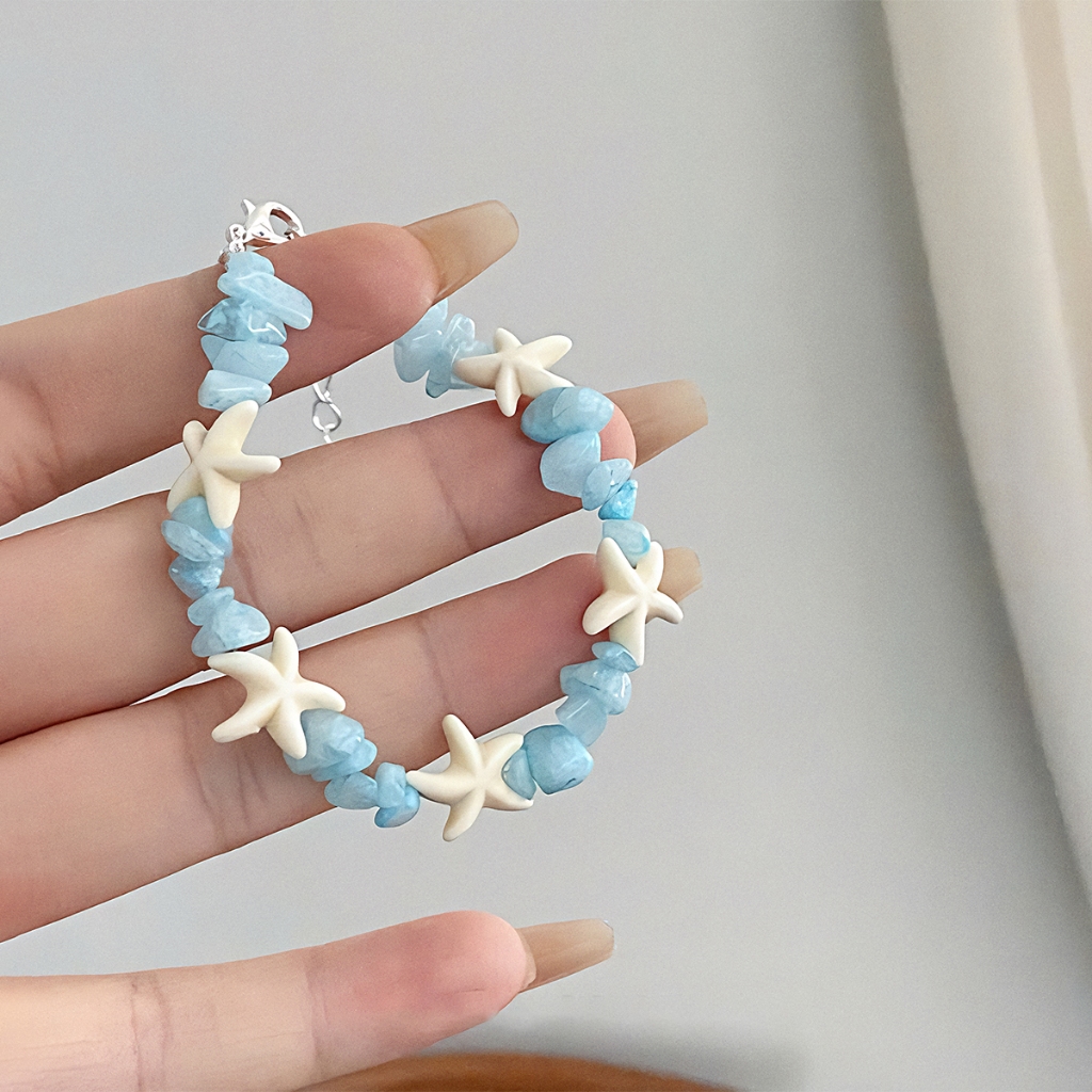Hawaii Style White Starfish Blue Stone Beach Bracelet (EJ18)