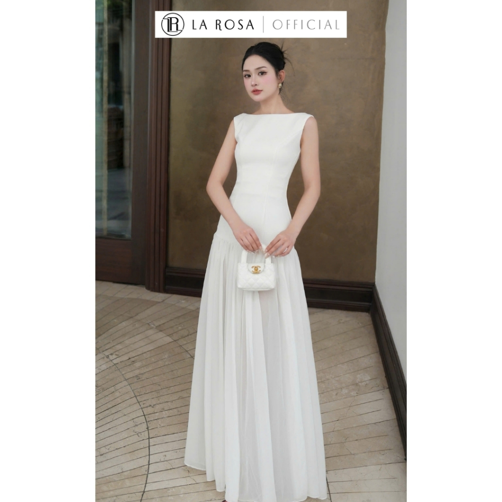 La Rosa เดรสยาวหรูหรา 2 สีสีดําและสีขาว, คอเรือข้ามเชื่อมผ้าไหมคุณภาพสูง T189