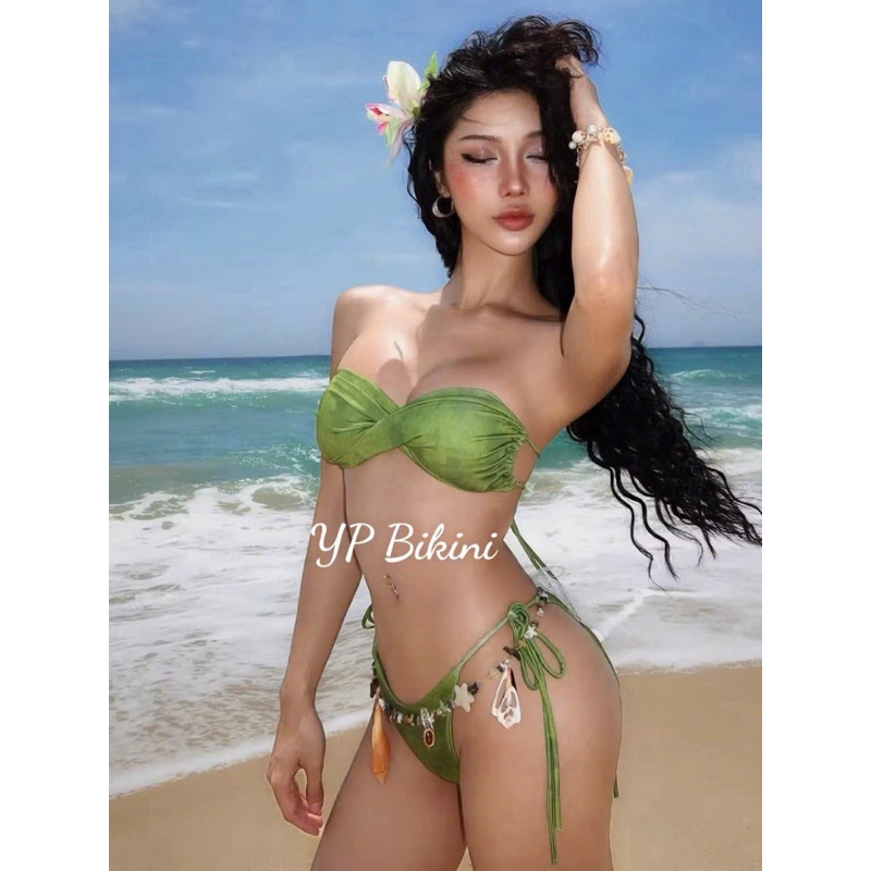 บิกินี่ 2 ชิ้น สีเขียวมอส มีสายอกและกางเกงชายหาดเล็ก (มี-ซ่อนชื่อ)