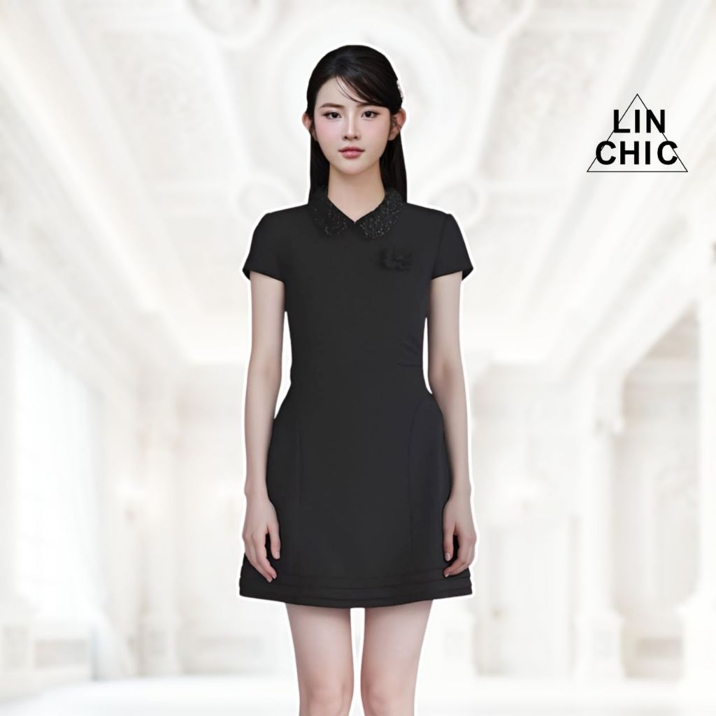 เดรสสายเดี่ยวคอปกบัวแขนพองลูกปัด Linchic เดรสลายดอกไม้สไตล์เลดี้ V-VPC18