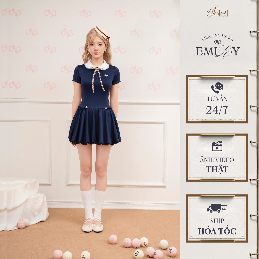 SOLEIL Design Womens DRESS Navy Blue Squash Shape with Lotus Collar and Feminine Bow - DAISY DRESS V