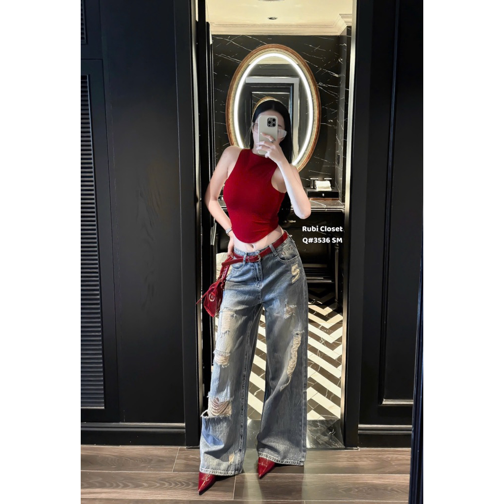 กางเกงยีนส์ขาดพร้อมเข็มขัด คิวซีแอล1 (เหลือ3536)