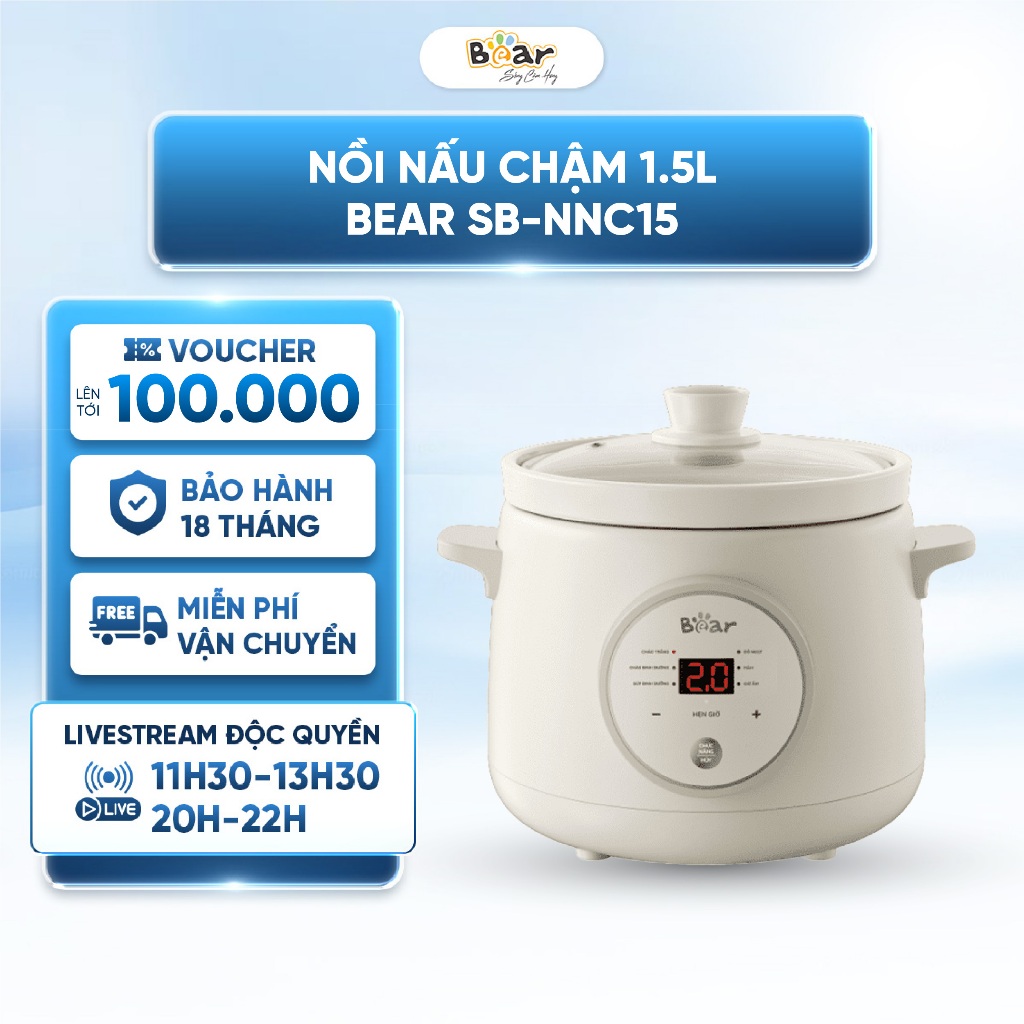 Bear SB-NNC15 หม้อตุ๋น 1.5 ลิตร - เวอร์ชั่นเวียดนาม - ฟังก์ชั่นการปรุงอาหาร 6 ฟังก์ชั่น - ใช้งานง่าย