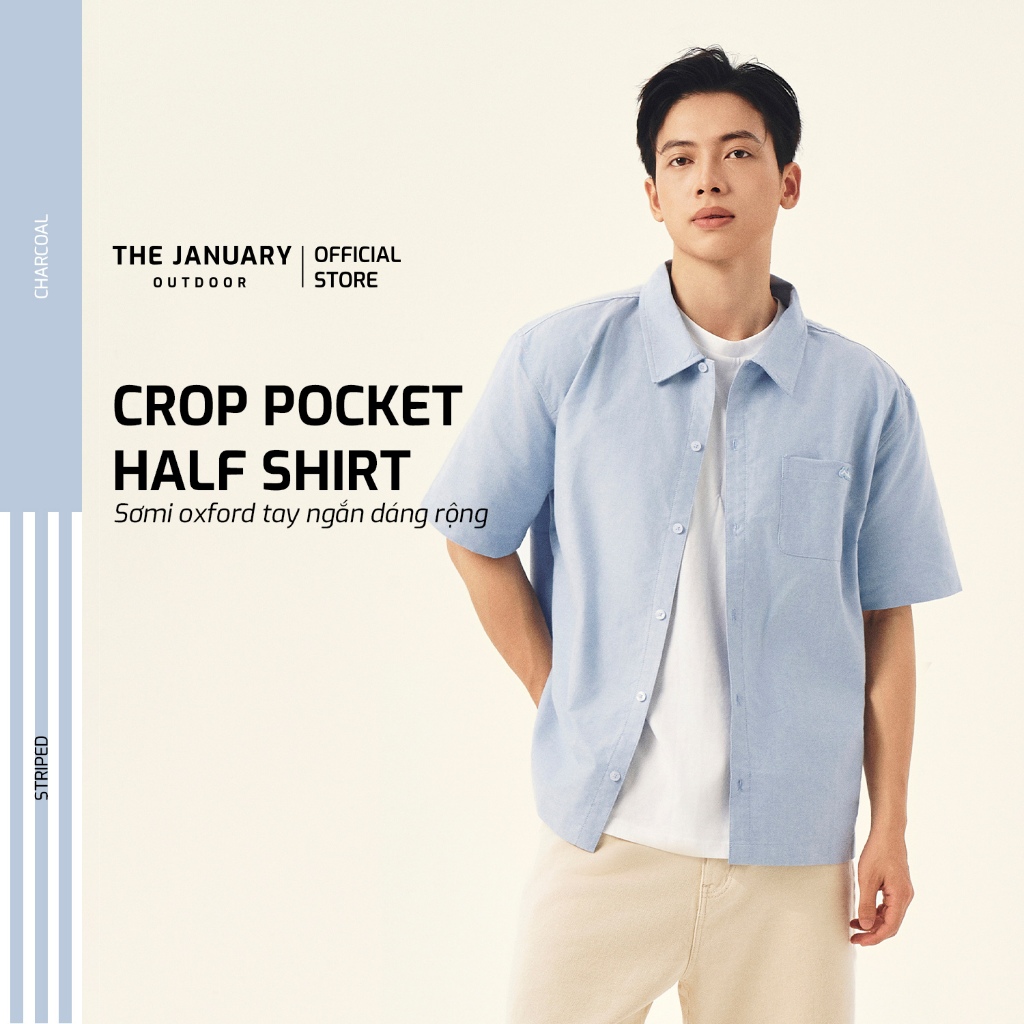 เสื้อเชิ้ตแขนสั้น oxford Crop Pocket Half Shirt ผ้าคอตตอนทรงกล่อง กลางแจ้ง มกราคม TJO5SSH4