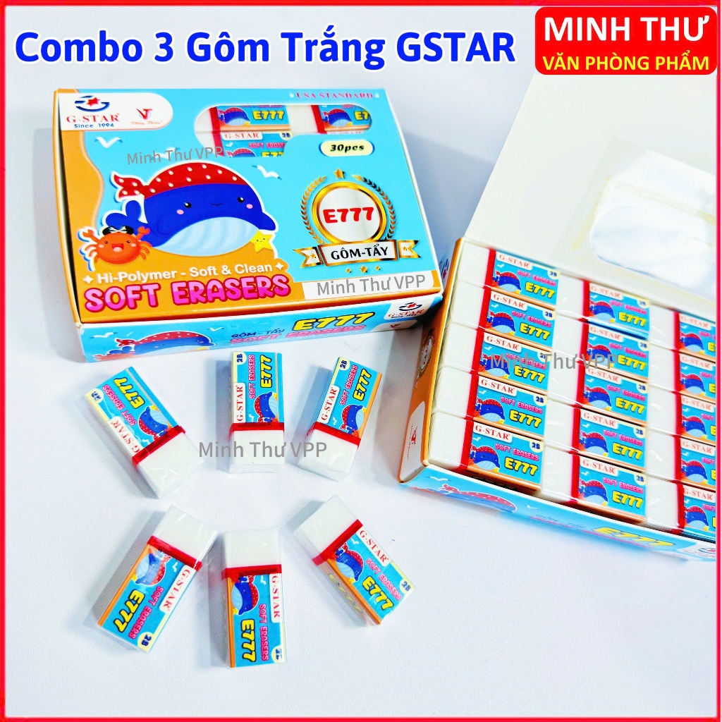 Combo 3 ยางลบดินสอสีขาว E777 Gstar ยางลบดินสอไร้ฝุ่นที่สะอาดสําหรับนักเรียนชั้นประถมศึกษา Minh Thu V