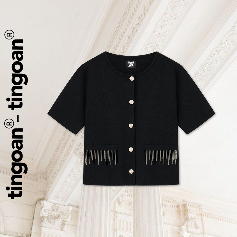 TINGOAN - เสื้อสเวตเตอร์คอกลมสีดํามีโซ่และคิ้วกระเป๋า MOLISA TOP/BL