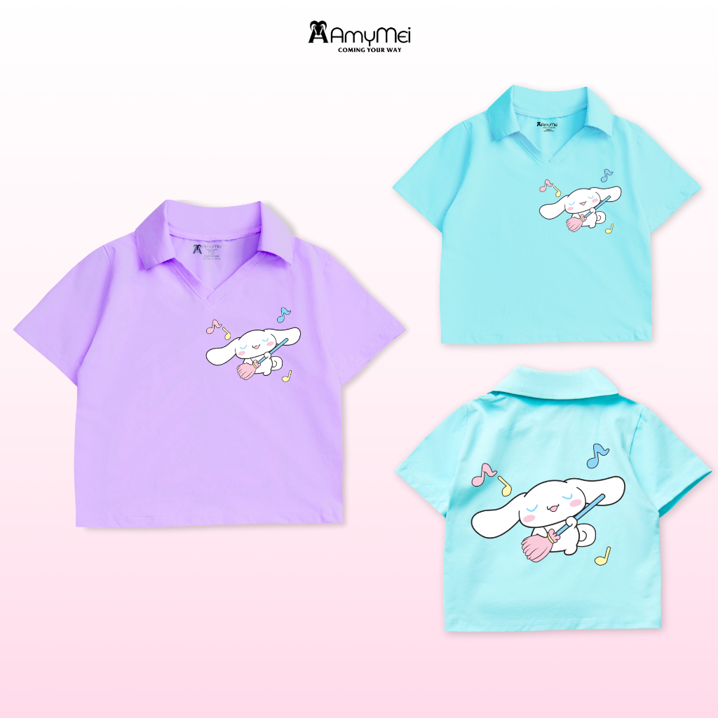 Cinnamoroll เสื้อครอปเด็กผู้หญิง Amymei เสื้อคอปกเด็กผู้หญิง 14-48kg ยางยืดผ้าฝ้าย 4c เรียบและเย็น A