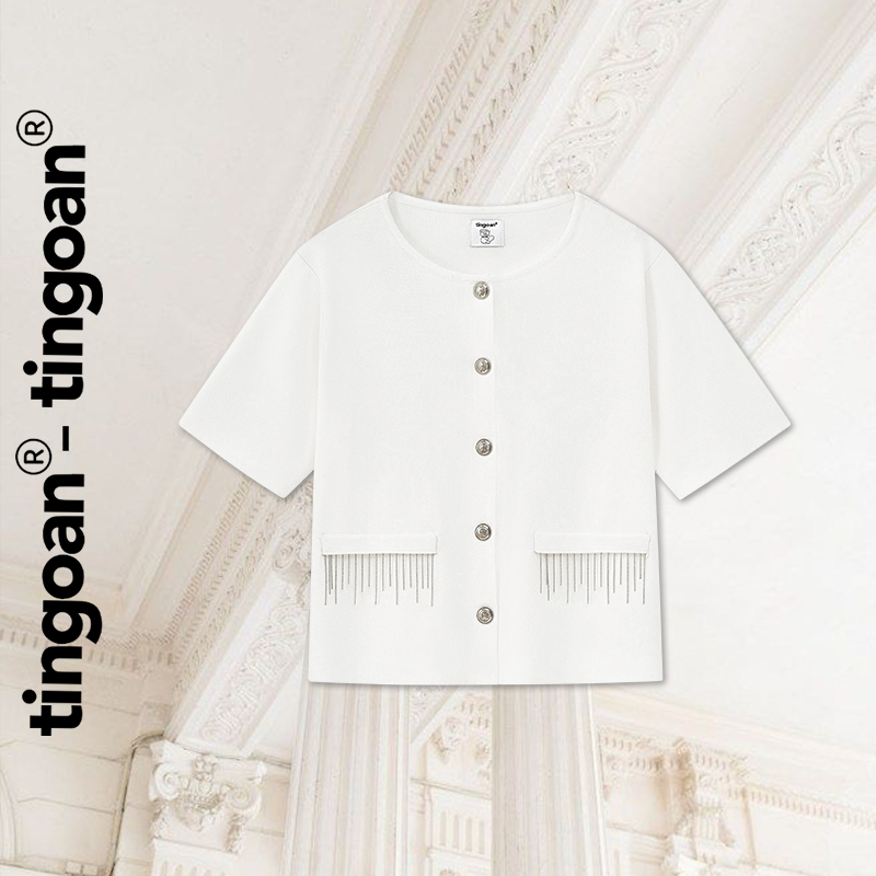 TINGOAN - เสื้อสเวตเตอร์คอกลมสีขาวพร้อมสายโซ่และตัดกระเป๋า MOLISA TOP/WH