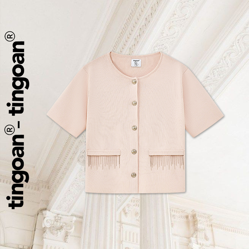 TINGOAN - เสื้อสเวตเตอร์สีชมพูอ่อนคอกลมและตัดกระเป๋าโซ่ MOLISA TOP/PK
