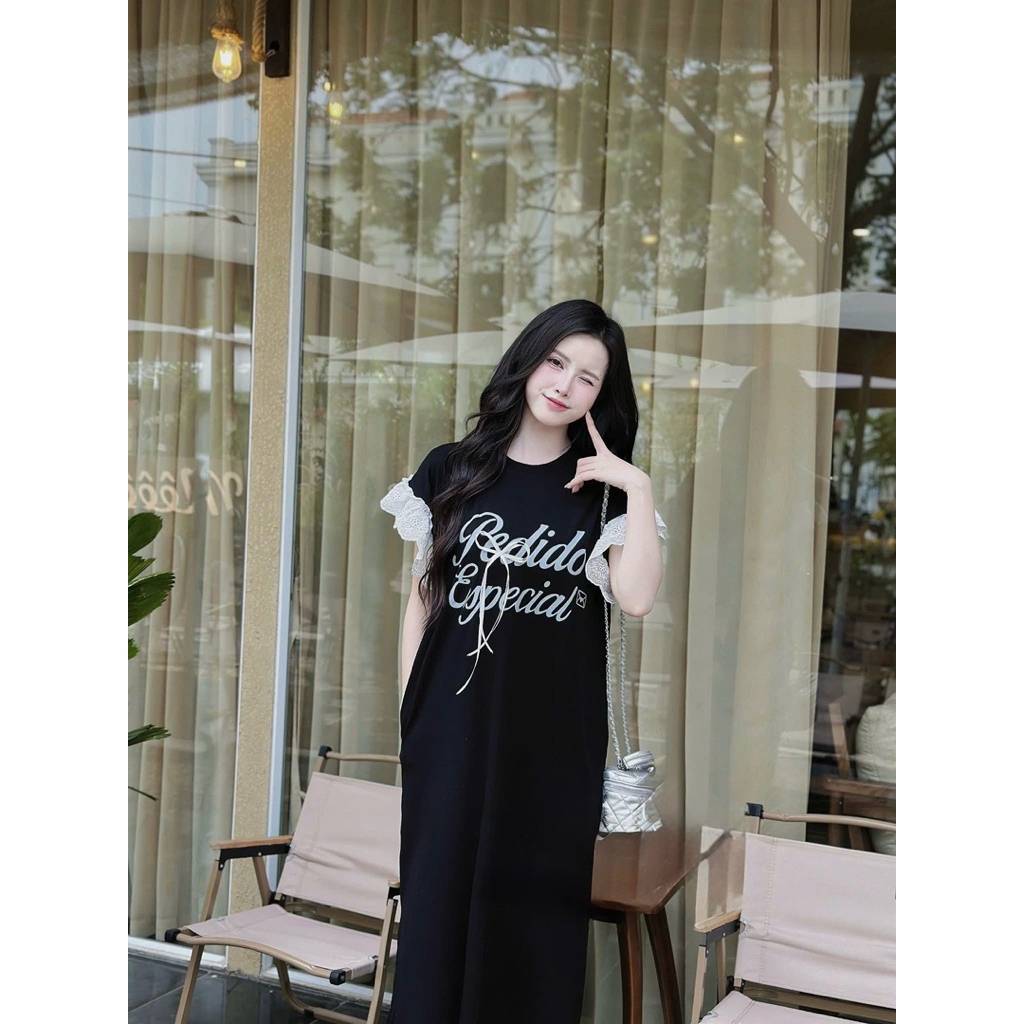 ชุดเดรสทรงตรงผู้หญิง -เดรสยาวลงพิมพ์ลาย เพดิโอ แขนโบว์ลูกไม้ปีกนางฟ้าคอกลมผ้าฝ้ายใส่หน้าร้อนแฟชั่น - รูปที่ 5