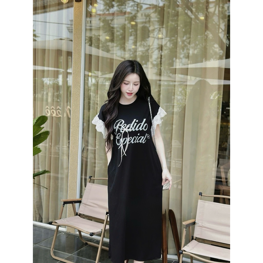 ชุดเดรสทรงตรงผู้หญิง -เดรสยาวลงพิมพ์ลาย เพดิโอ แขนโบว์ลูกไม้ปีกนางฟ้าคอกลมผ้าฝ้ายใส่หน้าร้อนแฟชั่น - รูปที่ 2