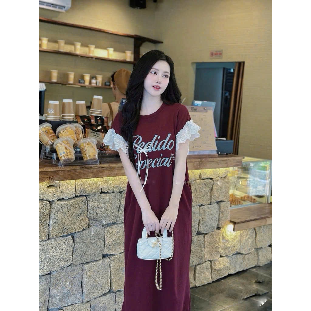 ชุดเดรสทรงตรงผู้หญิง -เดรสยาวลงพิมพ์ลาย เพดิโอ แขนโบว์ลูกไม้ปีกนางฟ้าคอกลมผ้าฝ้ายใส่หน้าร้อนแฟชั่น - รูปที่ 7