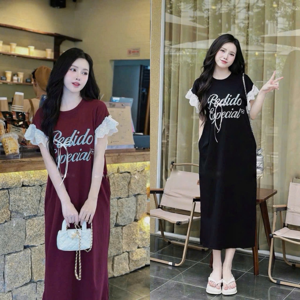 ชุดเดรสทรงตรงผู้หญิง -เดรสยาวลงพิมพ์ลาย เพดิโอ แขนโบว์ลูกไม้ปีกนางฟ้าคอกลมผ้าฝ้ายใส่หน้าร้อนแฟชั่น