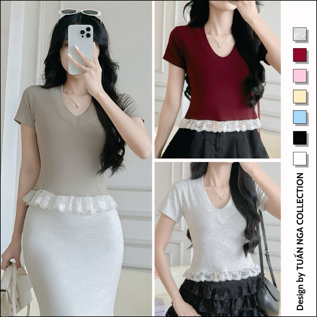 เสื้อยืดผู้หญิงคอเต่าแขนสั้นลูกไม้สําหรับ Miss TUAN NGA COLLECTION ผ้าฝ้ายนุ่มและยืด