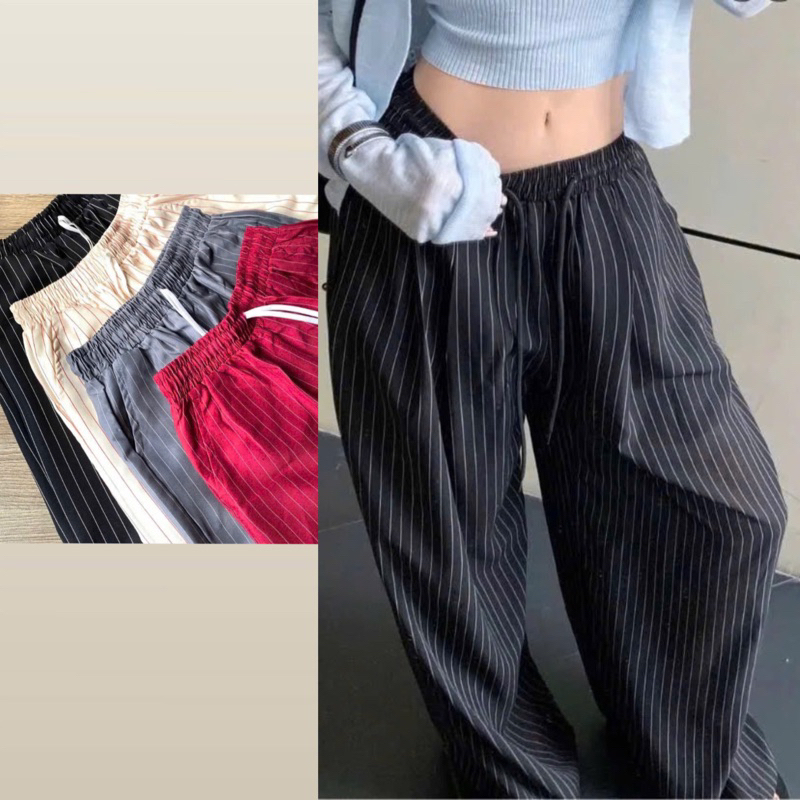 กางเกงลายริ้วขากระบอกกว้าง มีครบไซส์ ใส่ง่าย ผ้าลื่นเย็น แม่092