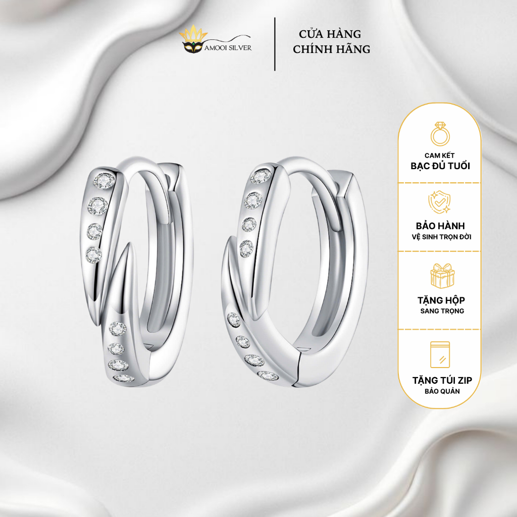 ต่างหูเงิน S925 สําหรับผู้หญิงแหวนทรงกลมไขว้พร้อมเส้นผ่านศูนย์กลางหินประกายหรูหรา 9 มม. - Amoi Silve