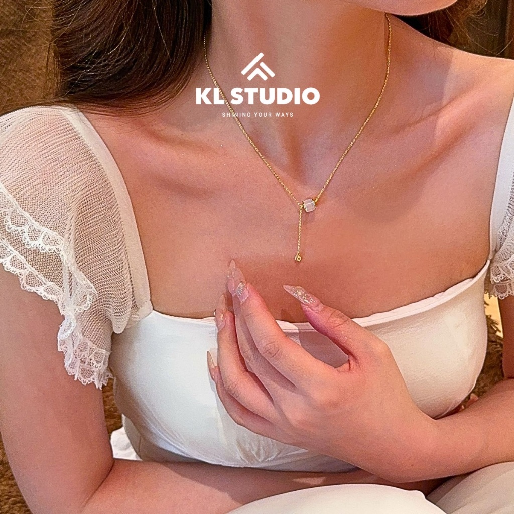 KL.STUDIO สร้อยคอไทเทเนียมพร้อมเสาหินตาแมวโซ่หยด, สร้อยคอไทเทเนียมสแตนเลสหินหยดของผู้หญิง - N91