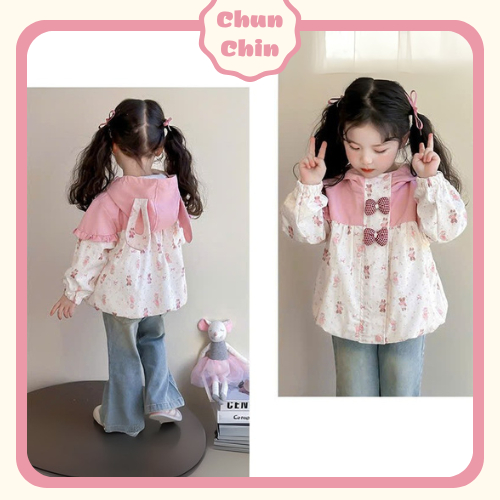 AK070 ชุนคาง | และ ลมสีชมพูครีมหมีกับหมวกหูกระต่ายลายหมากรุกสําหรับเด็กผู้หญิง10-21กิโลกรัม