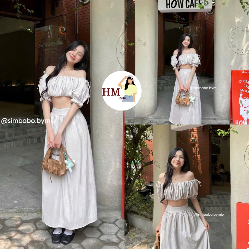 ชุดบีช 2 ชิ้น - เสื้อปาดไหล่ + กระโปรงโบโฮยาวผู้หญิง วัสดุย่น HB463