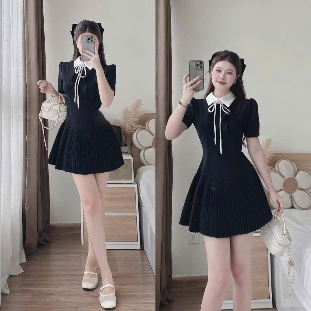 เดรสมะม่วงผู้หญิงปกเชิ้ตสีขาวและโบว์แขนสั้นทรงจีบบานพร้อมกางเกงน่ารักใส่เดินไปถ่ายรูป