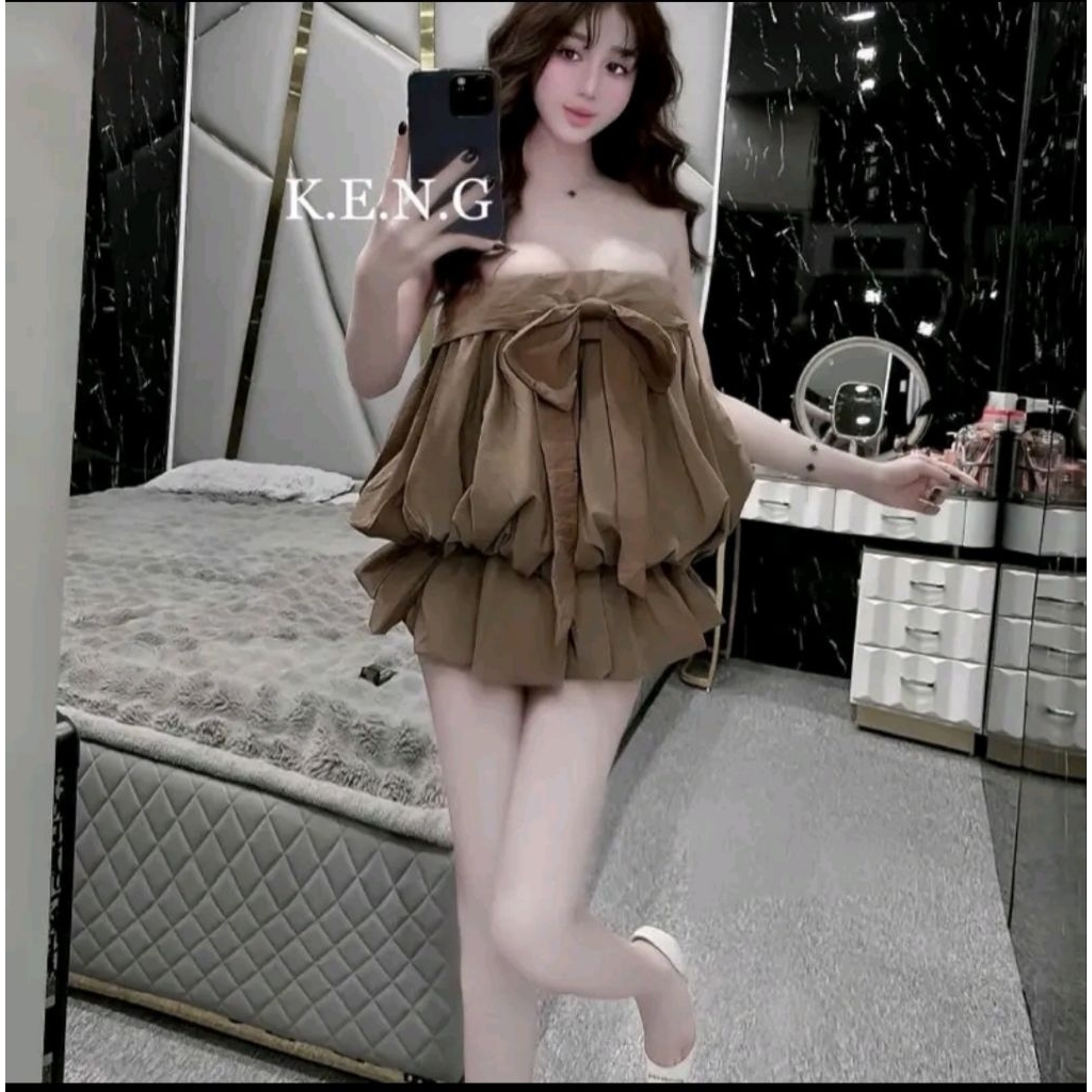 BEAUTIFUL BROWN BREAST-CUP Puffing Tube Top พร้อมโบว์และกระโปรงฟักทองสําหรับออกไปและปาร์ตี้