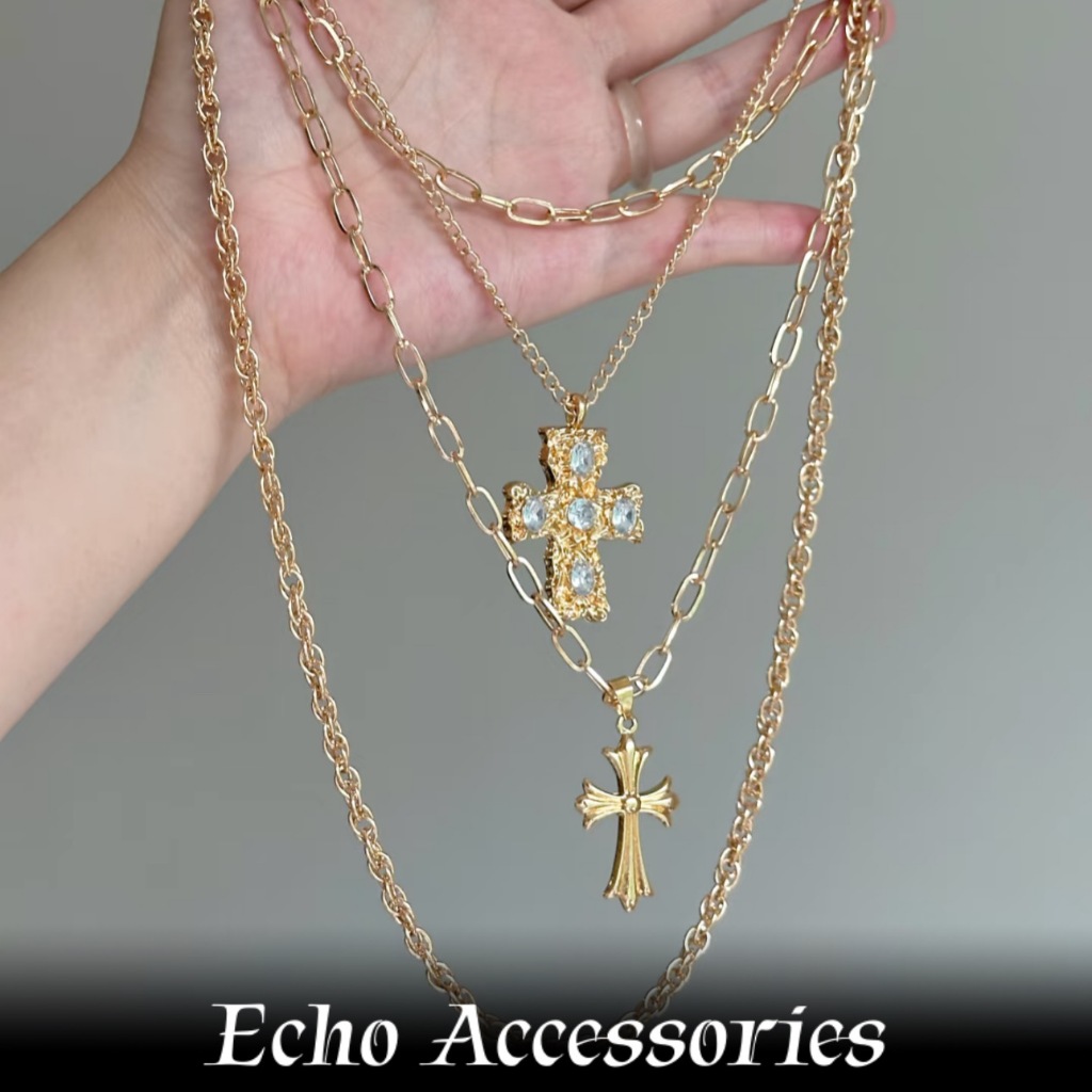 อุปกรณ์เสริม Echoชุดสร้อยคอทองคําสําหรับผู้หญิงพร้อมจี้ข้ามและข้าม