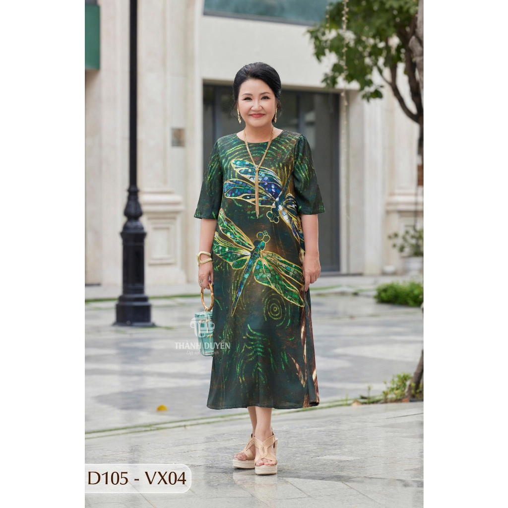 Thanh Duyen Middle-Aged Silk Dress ลายแมลงปอเรียบหรู แขนสั้น ทรงเอหลวม โปร่ง - D105-VX04