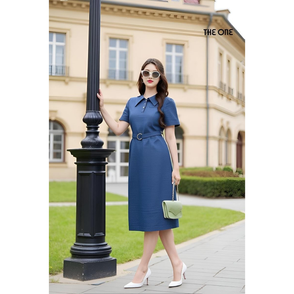 เดรสชั้นเดียวแขนสั้น สีฟ้าอ่อน คอปกเยอรมัน ทรงหลวม เอวเข็มขัด DDB0163XDA1