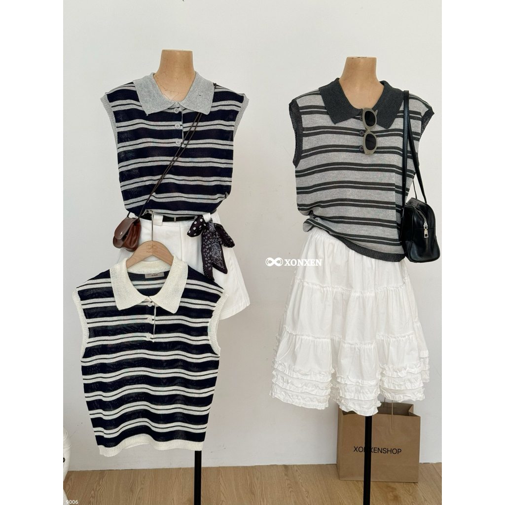 เสื้อโค้ทขนสัตว์บางแขนสั้นลายทางแนวนอนและคอปก 3 ปุ่มสี XONXEN SHOP PCT รหัส 9006