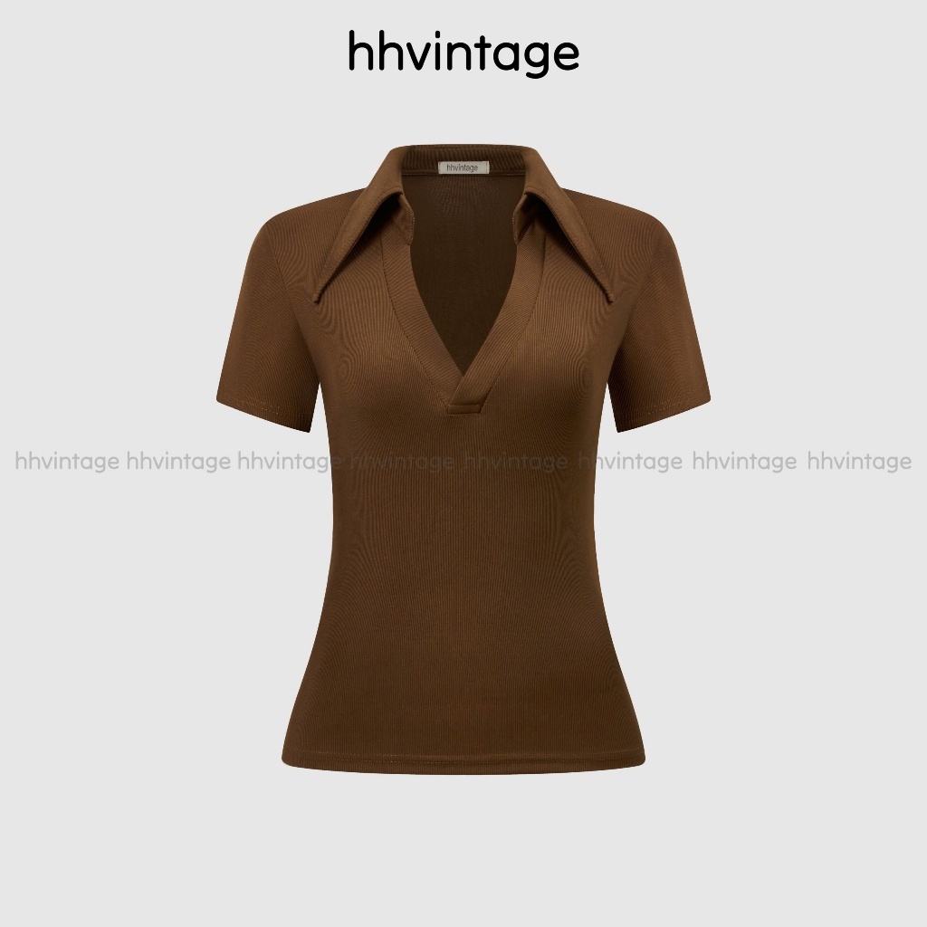 HHVINTAGE เสื้อโปโลแขนสั้นผู้หญิงคอวียางยืดเรียบและยืด Top A126