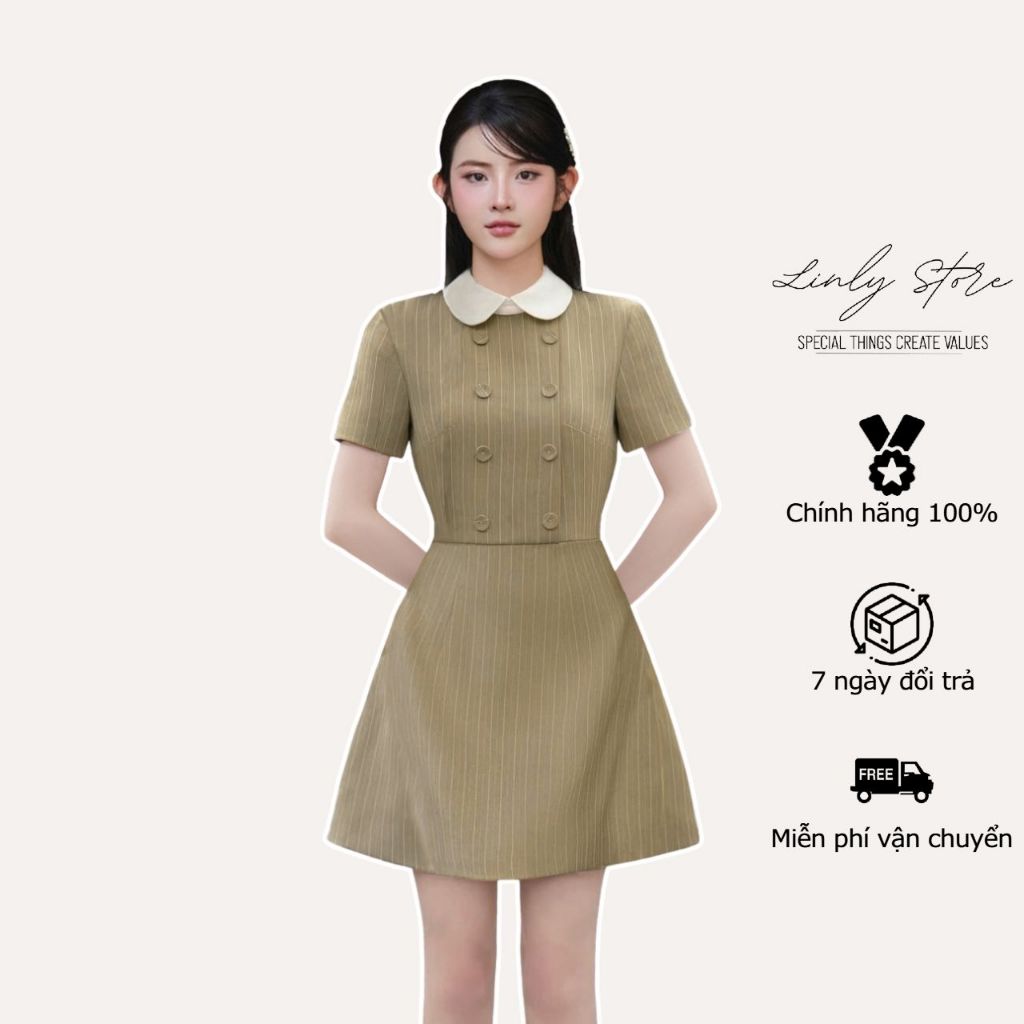 เดรสเชิ้ตคอปกบัวสั้นเลดี้ เดรสผู้หญิงทรงเอติดกระดุม Linly Store V-VPC16