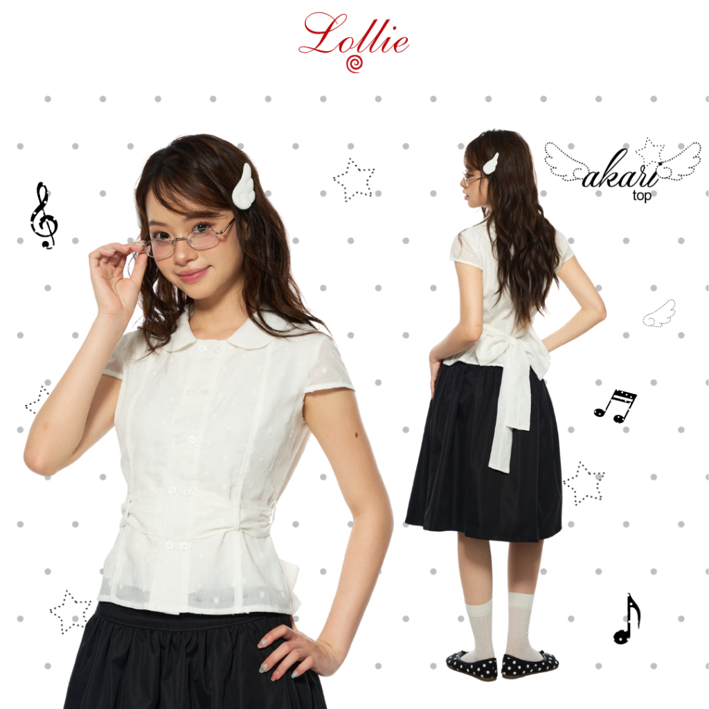 LOLLIE STUDIO - เสื้อเชิ้ตผ้าทอลายจุดลายนูนผูกโบว์ขนาดใหญ่สําหรับผู้หญิง TKA459 Akari Top
