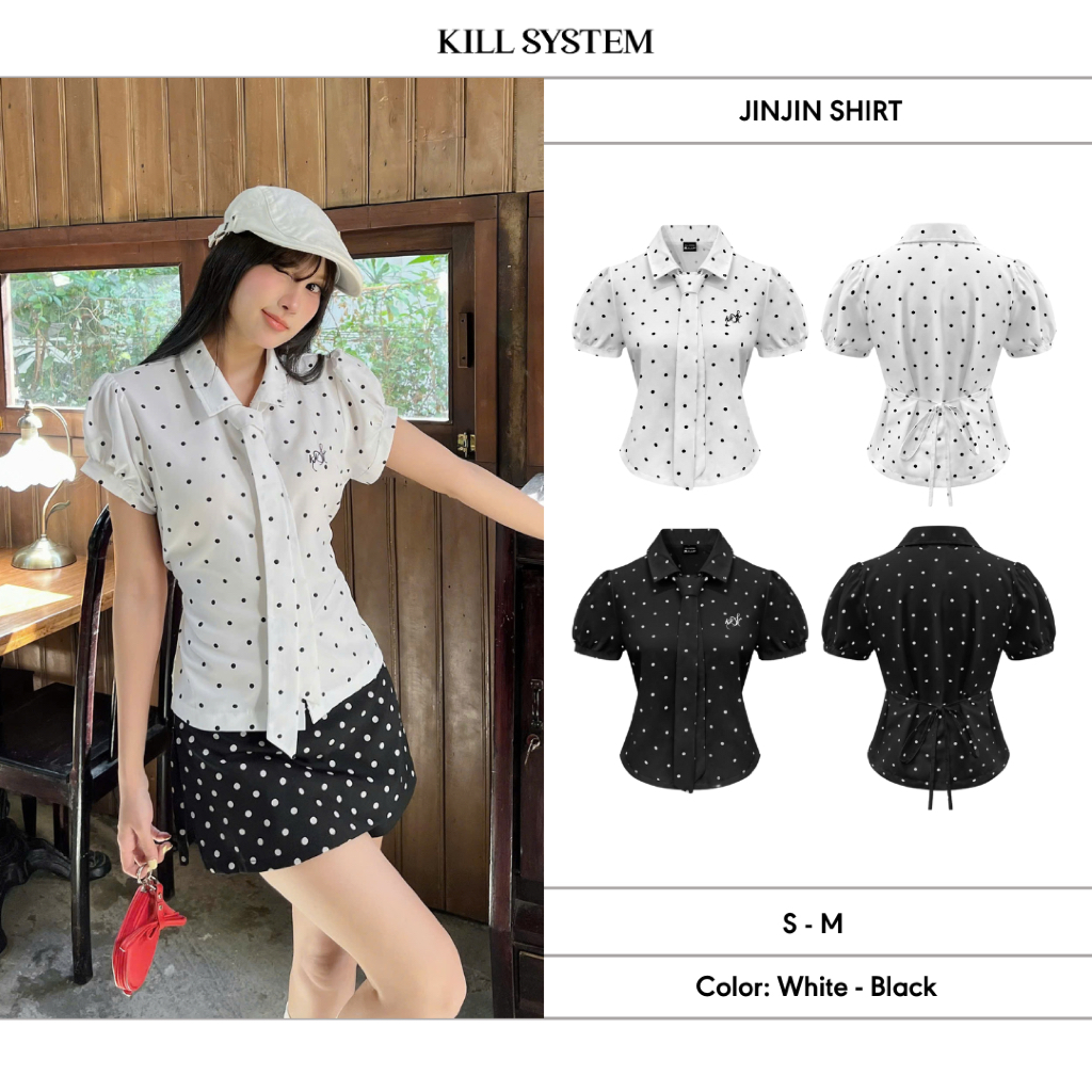 เสื้อเชิ้ตแขนสั้นผู้หญิงลายจุดผูกเอว JINJIN - KILL SYSTEM