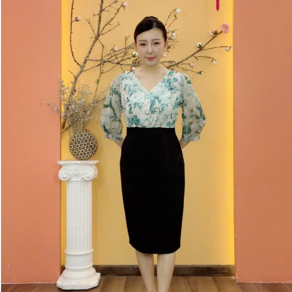 Body dress - คอเต่าคอปกแขนสั้น - ดอกไม้ Turquoise - TTV1920