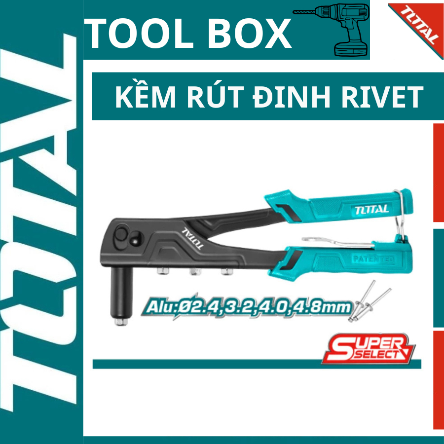 TOTAL THT32108S Rivet Retraction คีม, 10.5 นิ้ว Rive Gun, Rivet Retraction คีม 4 หัว 2.4-4.8 มม.