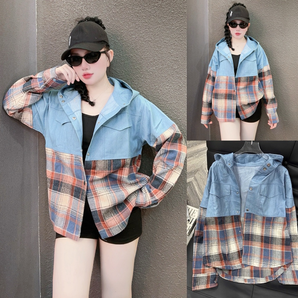 HANGFIN เสื้อแจ็คเก็ตแนวสตรีท มิกซ์ยีนส์และผ้าสักหลาดลายตารางหมากรุก กระเป๋าด้านใน หมวกกว้าง by Hang