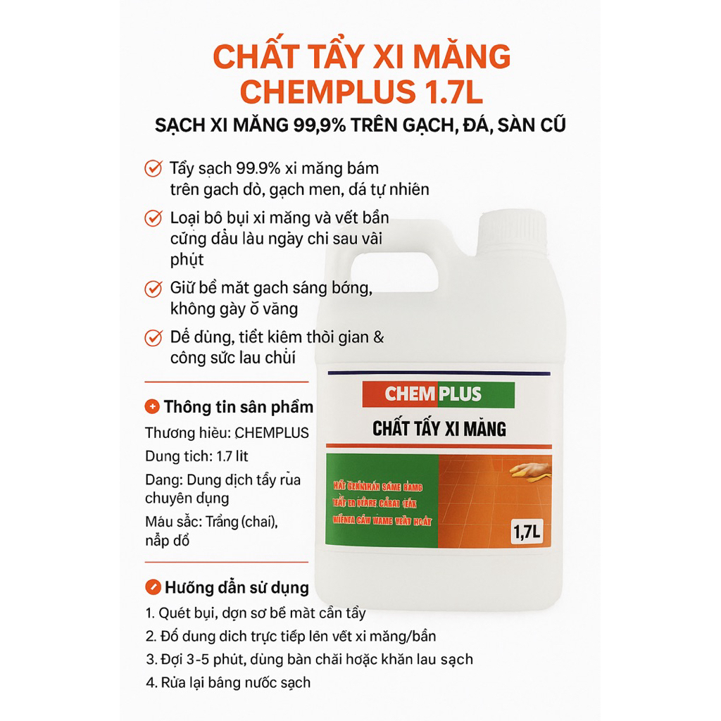 CHEMPLUS CEMENT REMOVER 1.7L – CLEAN CEMENT 99.9% บน BRICKS, STONE, พื้นเก่า