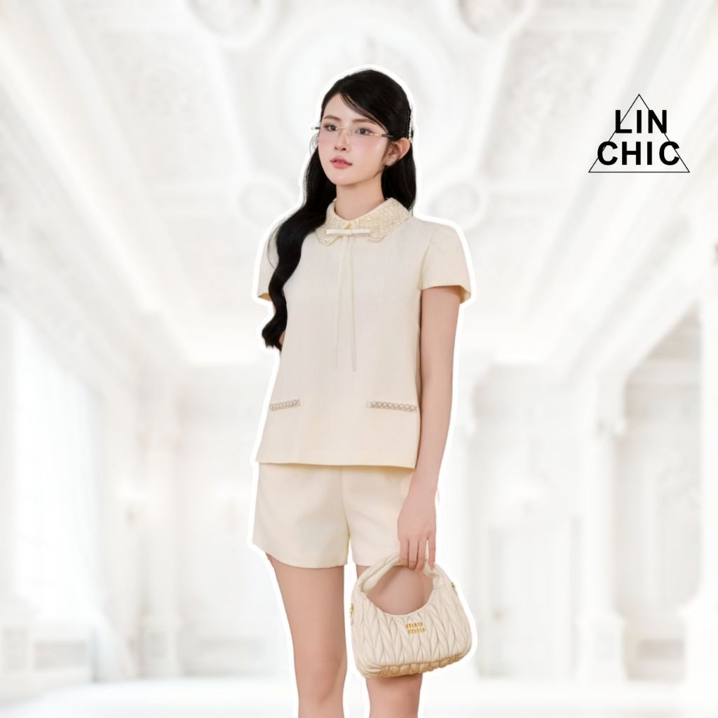 แขนเสื้อคอปกบัวลูกปัดและโบว์, เสื้อหลวมแขนสั้นผู้หญิงสําหรับ Miss Linchic A-TCO2